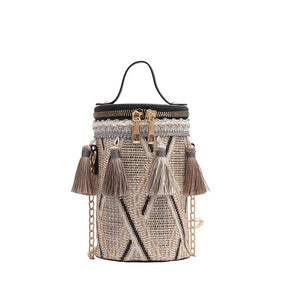 Straw Woven Bucket Bag Boho Tassel Chain Shoulder Messenger Clutch