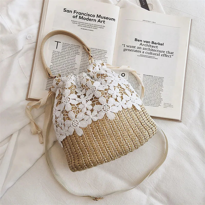 Straw Woven Bucket Bag for Women Crossbody Rattan Shoulder Bag