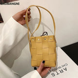 Small Weave Bucket Shoulder Bags Soft Leather Messenger Bag Rivet Crossbod