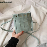 Small Weave Bucket Shoulder Bags Soft Leather Messenger Bag Rivet Crossbod