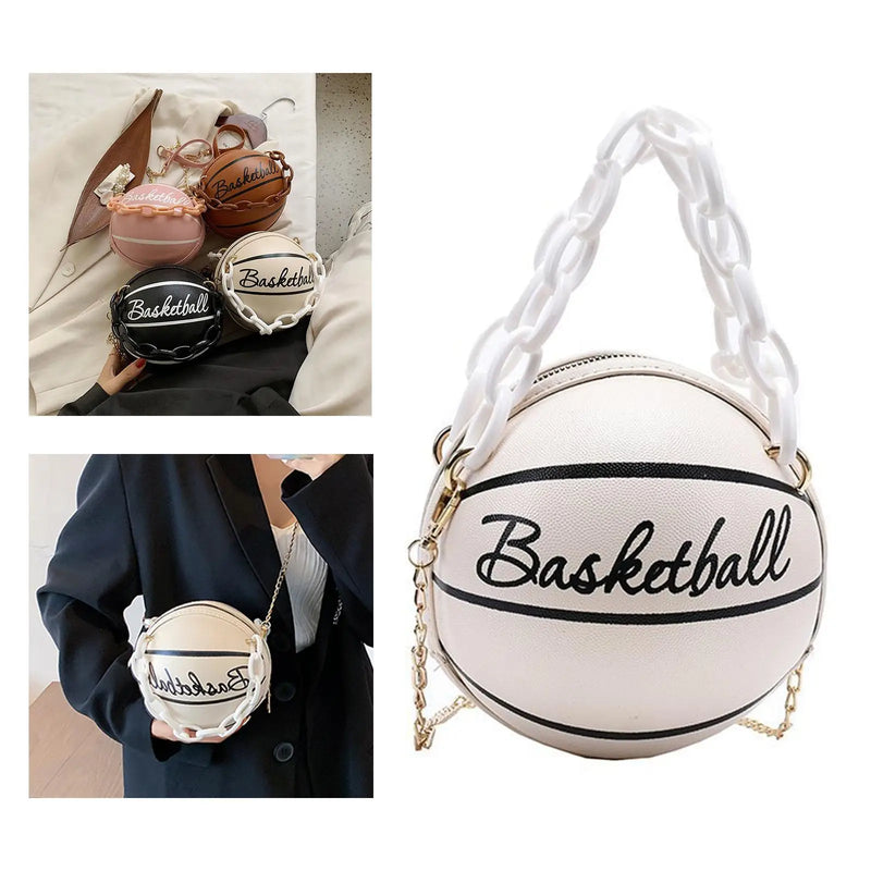 Small Basketball Shaped Shoulder Bag Leather with Chain Tote for Women