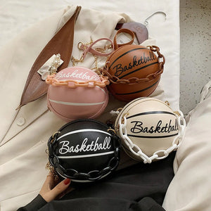 Small Basketball Shaped Shoulder Bag Leather with Chain Tote for Women