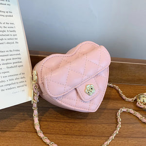 Small Women Heart Shoulder Crossbody Bag PU Leather Quilted Handbag