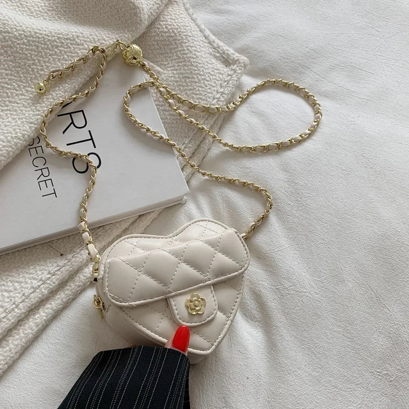 Small Women Heart Shoulder Crossbody Bag Quilted Handbag Chain