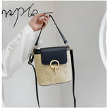 Small Woven Bucket Bag Beach Handbags for Women Female Travel Vacation Straw Cro