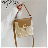 Small Woven Bucket Bag Beach Handbags for Women Female Travel Vacation Straw Cro