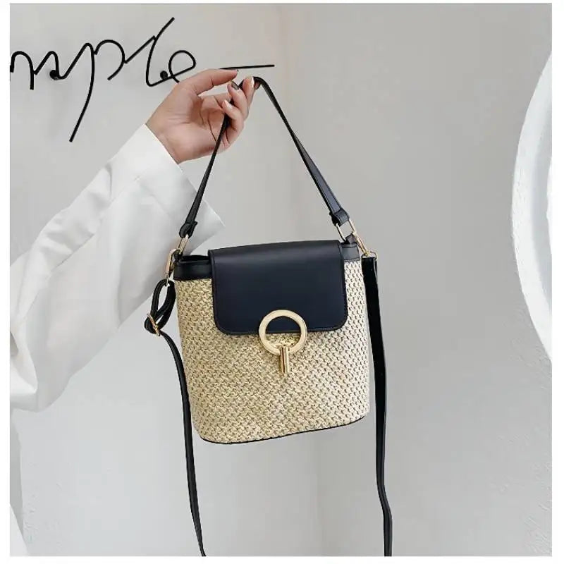 Small Woven Bucket Bag Beach Handbags for Women Female Travel Vacation Straw Cro