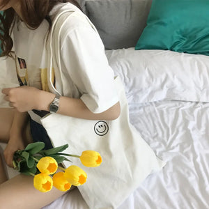 Smiley Canvas Shoulder Bag for Women Large Reusable Shopping Tote Handbags