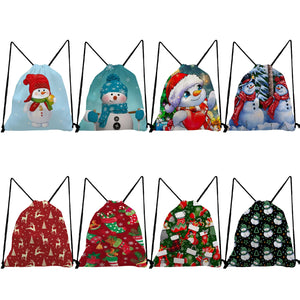 Snowman Santa Claus Christmas Gift Bag Drawstring Pocket Backpack