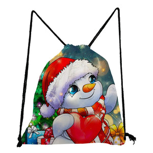 Snowman Santa Claus Christmas Gift Bag Drawstring Pocket Backpack
