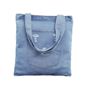 Soft Denim Ripped Zipper Shoulder Bag Female Student Lightweight Tote Bag