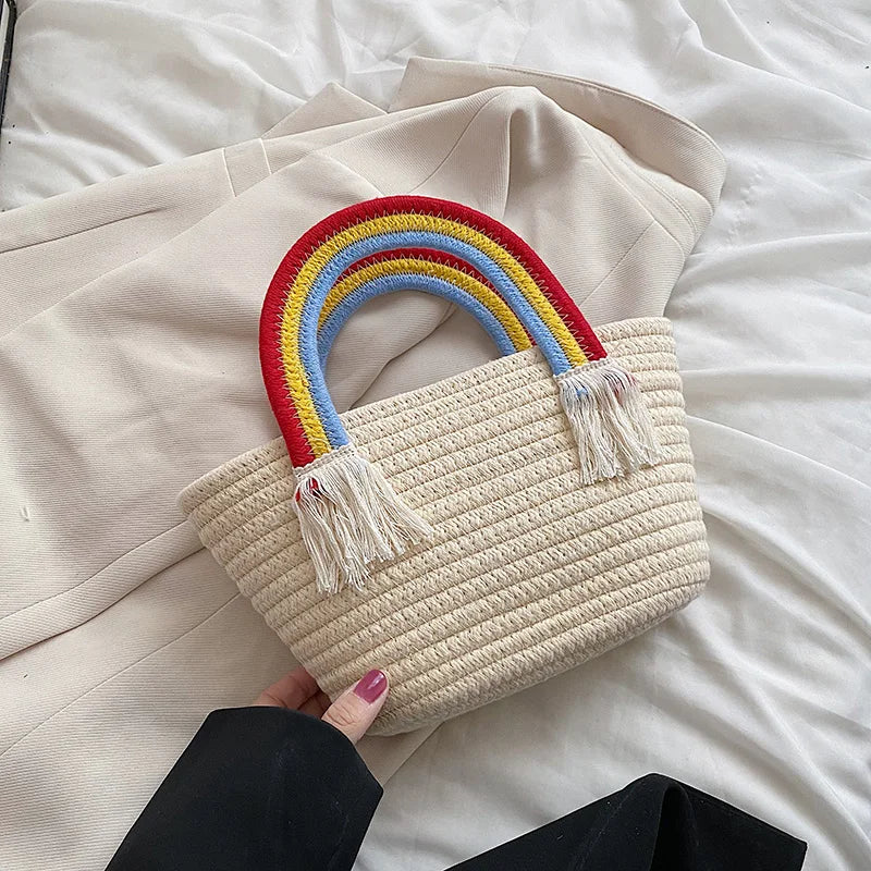 Soft Fabric Rainbow Handle Small Top Handle Tote Bag