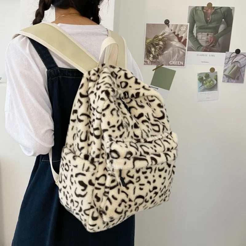 Leopard Print Women Backpack Large Capacity Soft Faux Fur School Bag for Girls