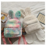 Soft Girl Style Mini Canvas Backpack Rabbit Plush Travel School Bag Tote