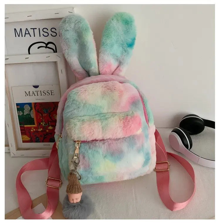 Soft Girl Style Mini Canvas Backpack Rabbit Plush Travel School Bag Tote