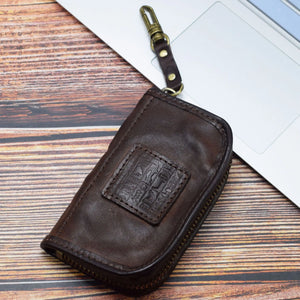 Vintage Car Key Holder Soft Leather Key Pouch Zipper Bag for Men