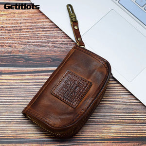 Vintage Car Key Holder Soft Leather Key Pouch Zipper Bag for Men