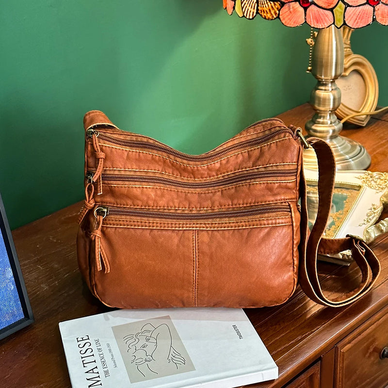 Vintage Crossbody Bag with Multiple Pockets and Top Handle