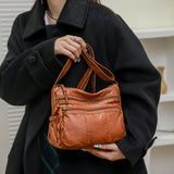 Vintage PU Leather Messenger Bag Multi-pocket Women Top Handle Satchel