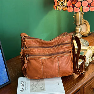 Vintage PU Leather Messenger Bag Multi-pocket Women Top Handle Satchel