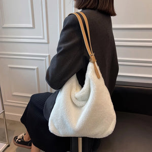 Soft Plush Double Strap Shoulder Bag For Women - Faux Fur Shopper Ba