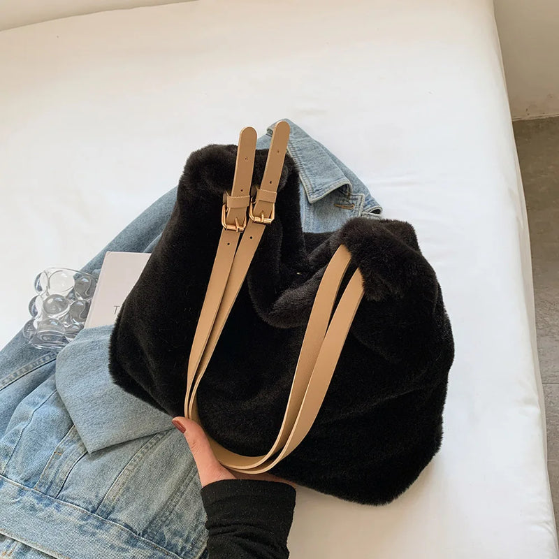 Soft Plush Double Strap Shoulder Bag For Women - Faux Fur Shopper Ba