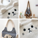 Plush Lamb Wool Shoulder Bag Women Cartoon Embroidery Tote Bag