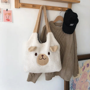 Plush Lamb Wool Shoulder Bag Women Cartoon Embroidery Tote Bag