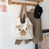 Plush Lamb Wool Shoulder Bag Women Cartoon Embroidery Tote Bag