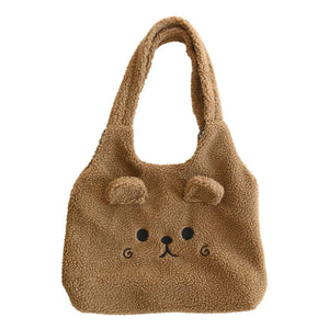 Plush Lamb Wool Shoulder Bag Women Cartoon Embroidery Tote Bag