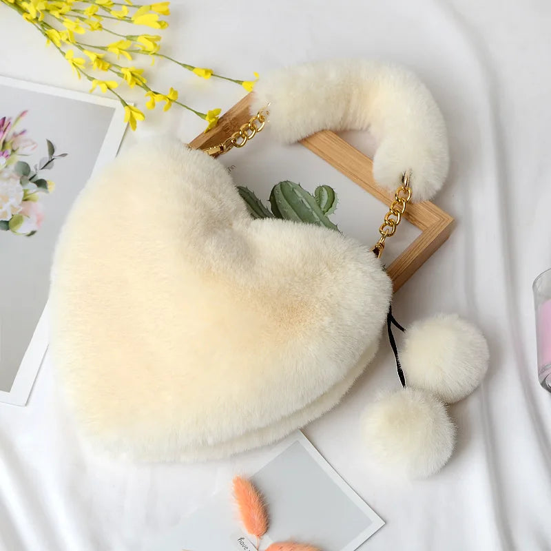 Plush Women's Heart Shaped Shoulder Bag Clutch Purse Handbags Faux Fur Winter
