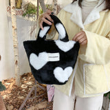 Plush Bucket Bag Love Heart Pattern Clutch Purse Winter Faux Fur Handbag