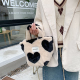 Plush Bucket Bag Love Heart Pattern Clutch Purse Winter Faux Fur Handbag