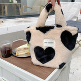 Plush Bucket Bag Love Heart Pattern Clutch Purse Winter Faux Fur Handbag