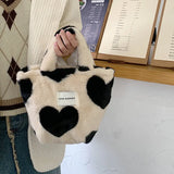 Plush Bucket Bag Love Heart Pattern Clutch Purse Winter Faux Fur Handbag