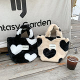 Plush Bucket Bag Love Heart Pattern Clutch Purse Winter Faux Fur Handbag