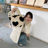 Plush Bucket Bag Love Heart Pattern Clutch Purse Winter Faux Fur Handbag