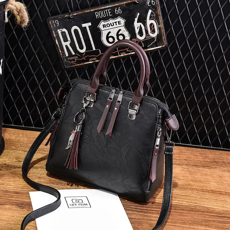 Soft PU Leather Women Shoulder Bag with Tassel Pendant