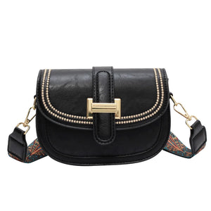 Flap Square Crossbody Bag PU Leather Wide Strap Handbag