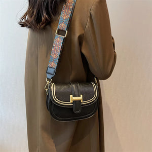 Flap Square Crossbody Bag PU Leather Wide Strap Handbag