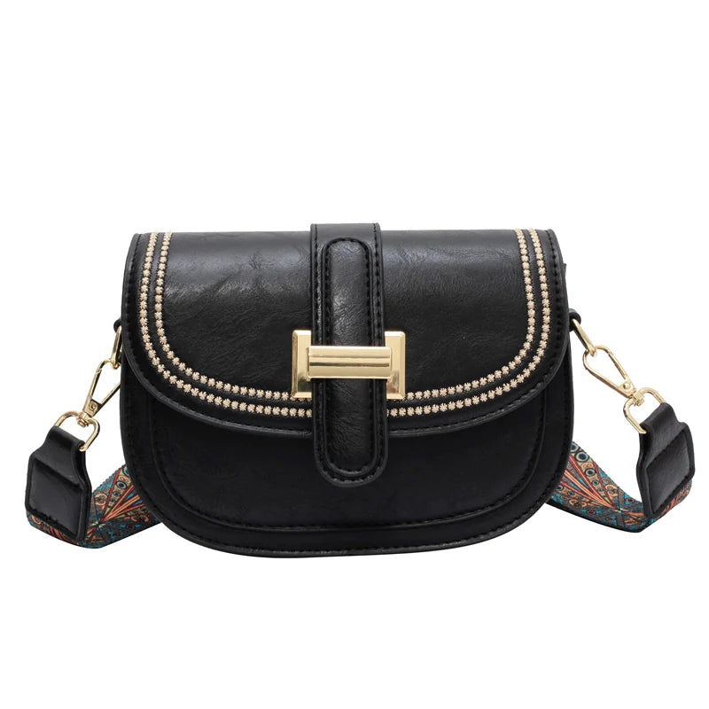 Flap Square Crossbody Bag PU Leather Wide Strap Handbag