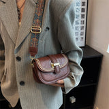 Flap Square Crossbody Bag PU Leather Wide Strap Handbag