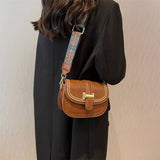 Flap Square Crossbody Bag PU Leather Wide Strap Handbag