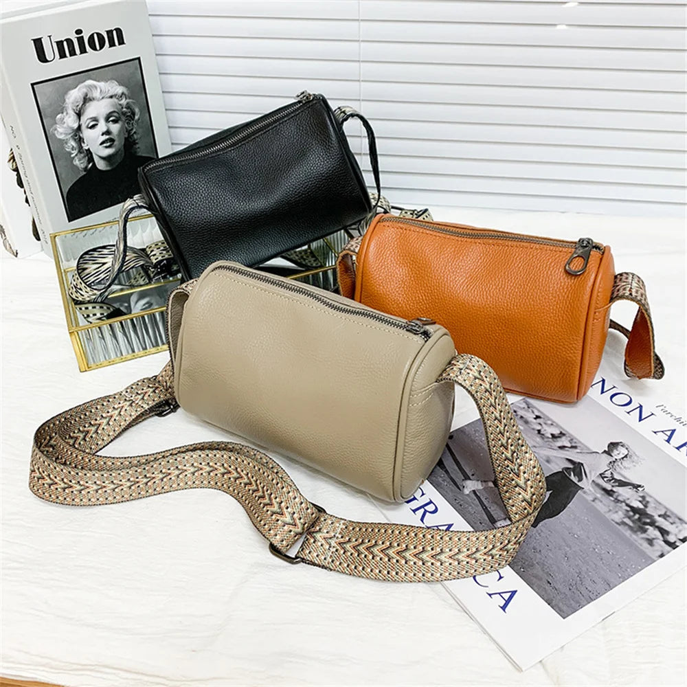 Solid Leather Women Crossbody Bags Minimalist Style Ladies Shoulder Bags