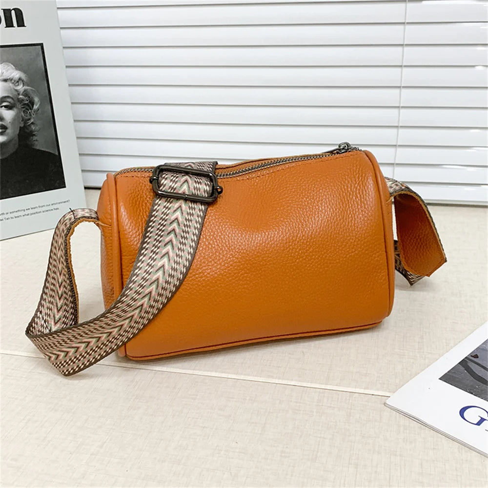 Solid Leather Women Crossbody Bags Minimalist Style Ladies Shoulder Bags