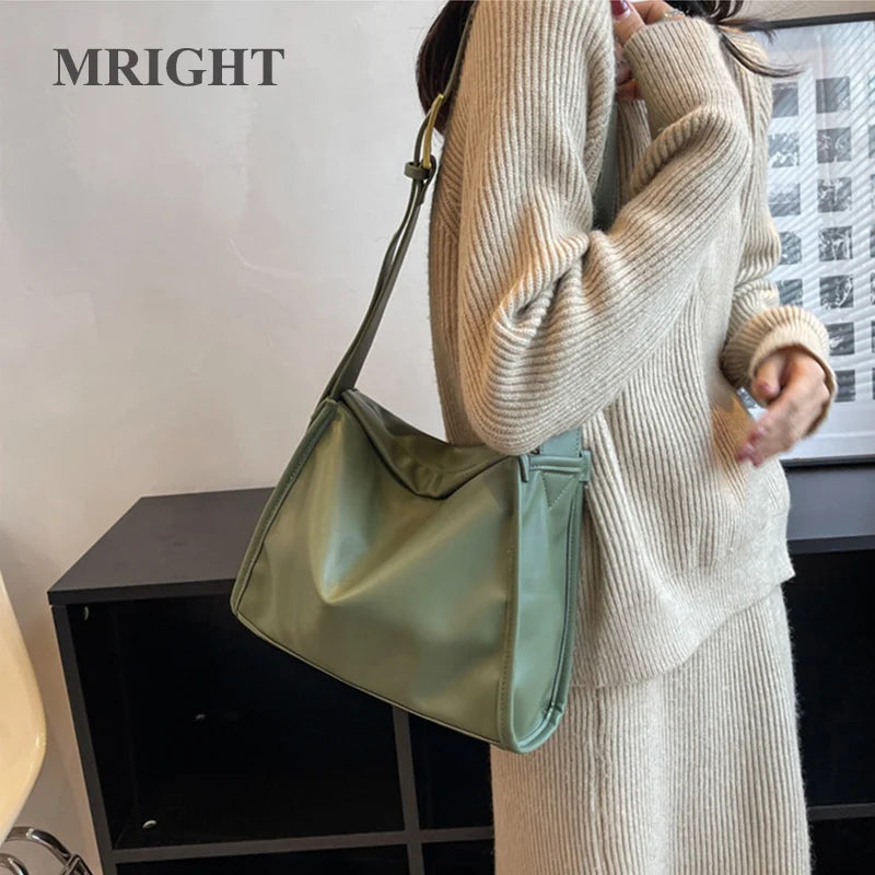 Solid Leather Crossbody Handbag Women Vintage Shoulder Tote Bag