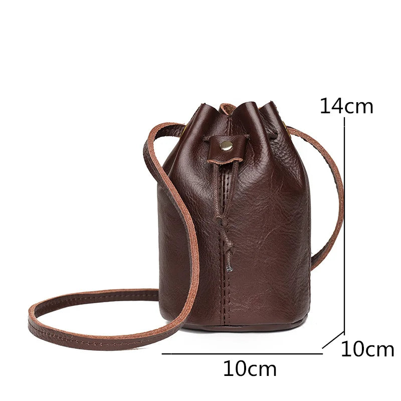 Solid Oil Wax Leather Bucket Bag Draw Cord Women Shoulder Crossbody Bags