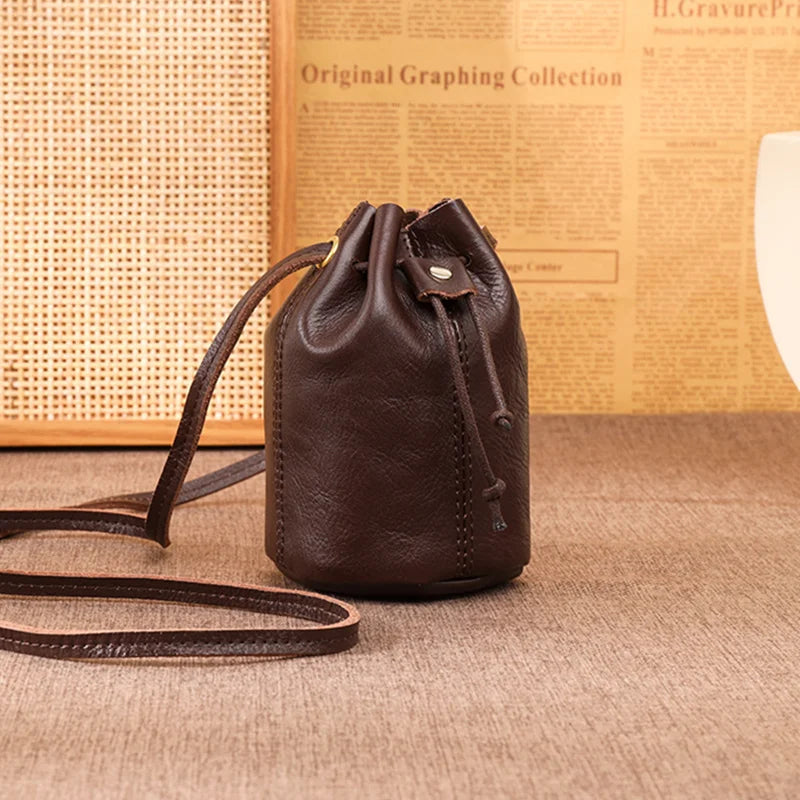 Solid Oil Wax Leather Bucket Bag Draw Cord Women Shoulder Crossbody Bags