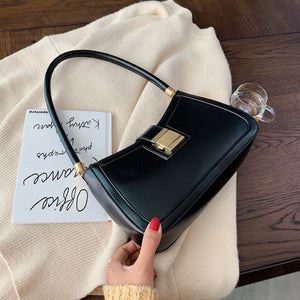 Small Lock Handbags for Women Solid PU Leather Shoulder Bags