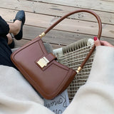 Small Lock Handbags for Women Solid PU Leather Shoulder Bags